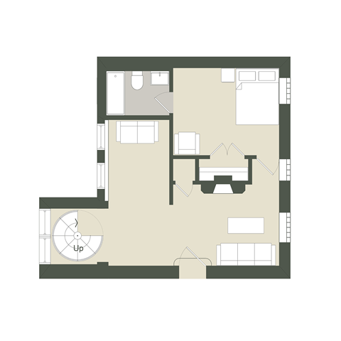 Floor plan for 2 beds, 1 bath, 941 sqft